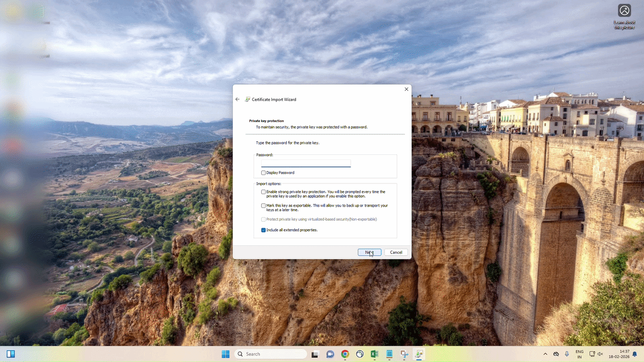 Screenshot of Password entry and Enable strong private key protection checkbox